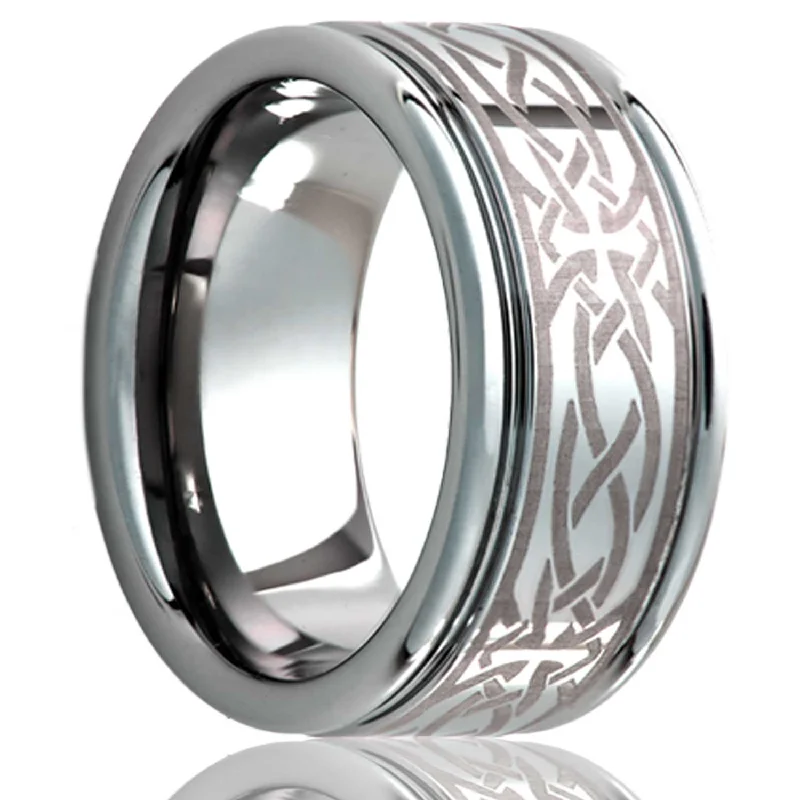 Women’s wedding rings-Celtic Cross Knot Grooved Tungsten Wedding Band