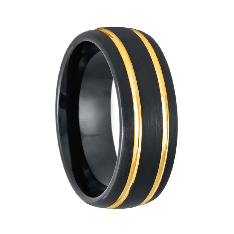 Women’s rings with rubies-Dual Gold Grooved Black Tungsten Men's Wedding Band