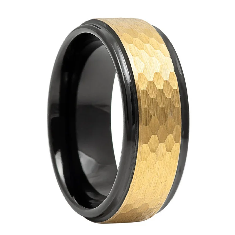 Gold engagement rings for women-Hammered Yellow Gold & Black Tungsten Men's Wedding Band