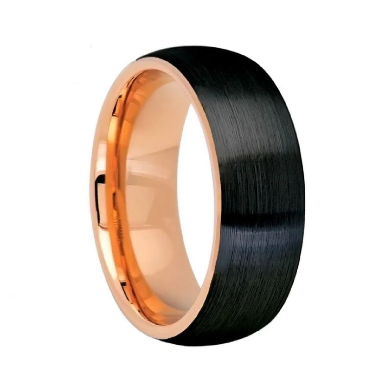 Women’s mixed metal rings-Domed Brushed Black Tungsten Men's Wedding Band with Contrasting Rose Gold Interior