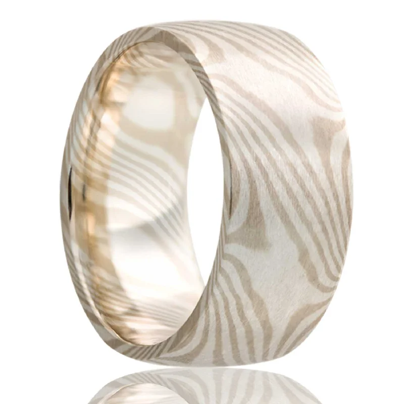 Women’s princess-cut rings-14k White Gold & Sterling Silver Mokume Gane Domed Wedding Band