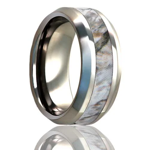 Women’s statement rings-Light Camo Inlay Titanium Men's Wedding Band with Beveled Edges