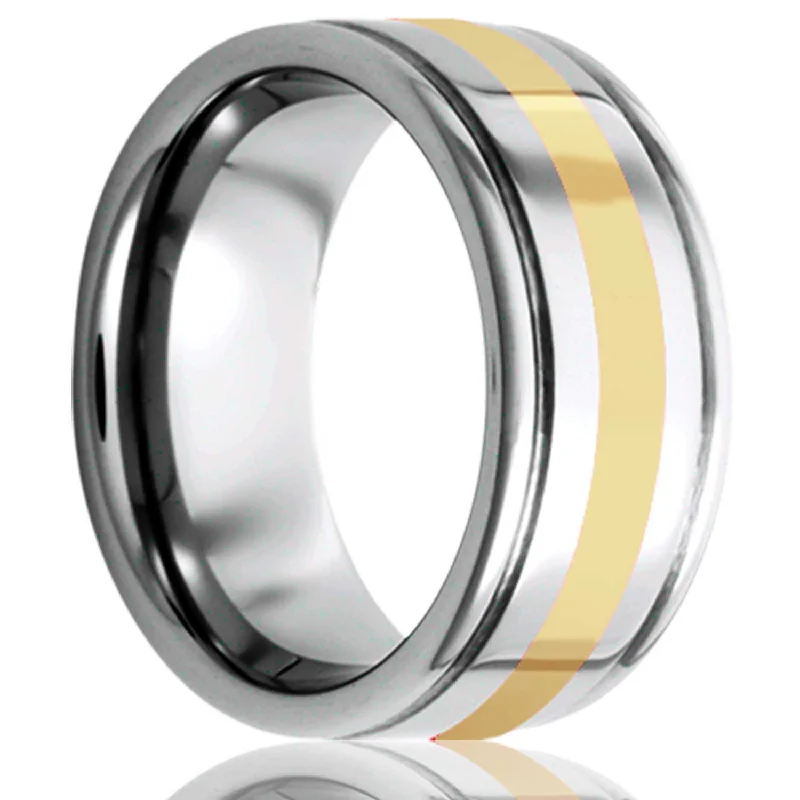 Women’s sapphire and diamond rings-14k Yellow Gold Inlay Tungsten Wedding Band with Grooved Edges