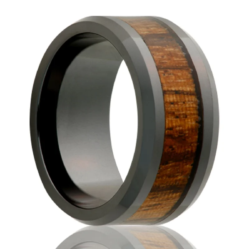 Women’s rings with rare gemstones-Zebra Wood Inlay Ceramic Wedding Band with Beveled Edges