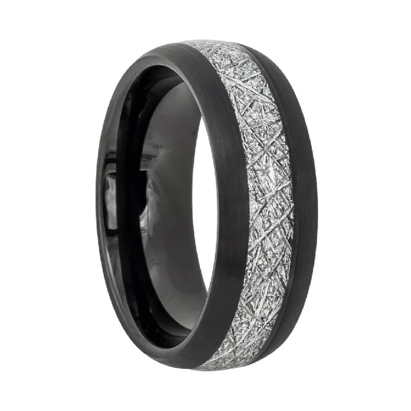 Women’s wedding bands with diamonds-Domed Brushed Black Tungsten Men's Wedding Band with Imitation Meteorite Inlay