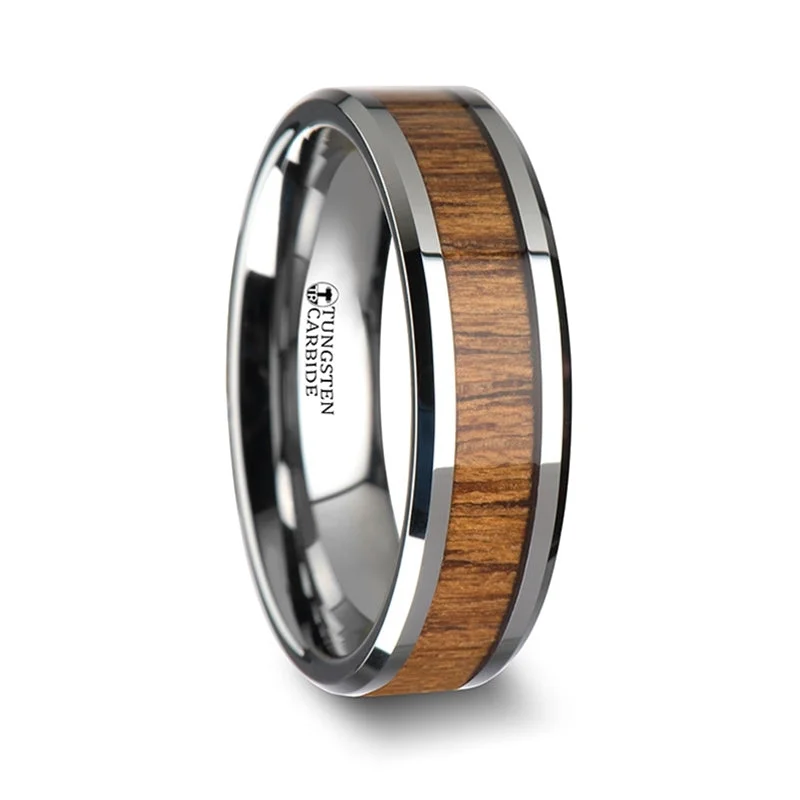 Women’s ring with a diamond halo-Tungsten Men's Wedding Band with Teak Wood Inlay