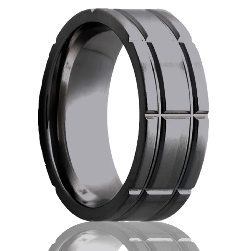 Women’s fashion rings with rhinestones-Intersecting Groove Pattern Zirconium Men's Wedding Band