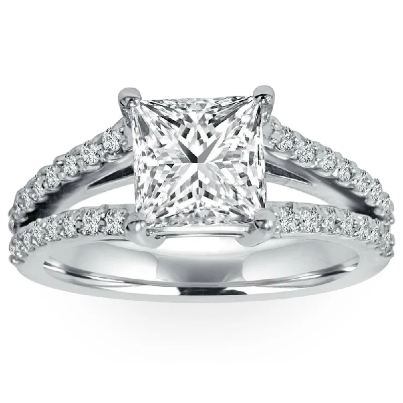 Women’s white sapphire engagement rings-1 1/3Ct Princess Cut Split Shank Enhanced Diamond Engagement Ring 14K White Gold