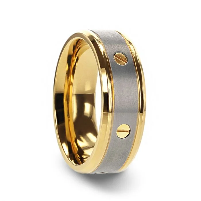 Modern silver rings for women-Titanium Men's Wedding Band with Revolving Gold Screws