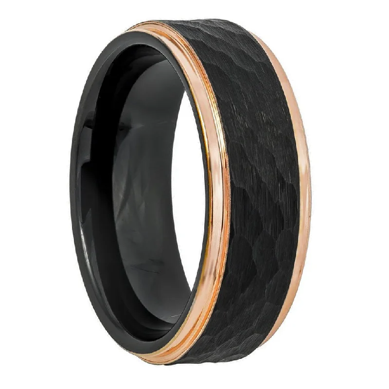 Fashionable rings for women-Hammered Black Tungsten Men's Wedding Band with Rose Gold Edges