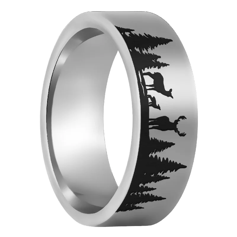 Women’s diamond wedding rings-Deer & Landscape Scene Tungsten Men's Wedding Band