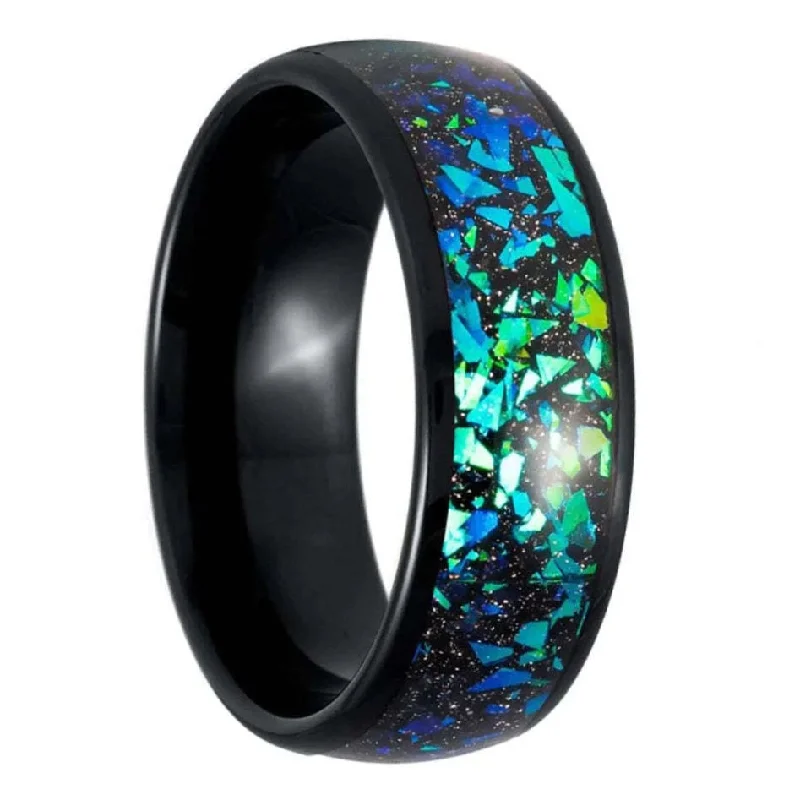 Unique engagement rings for women-Blue Opal Galaxy Inlaid Black Tungsten Men's Wedding Band