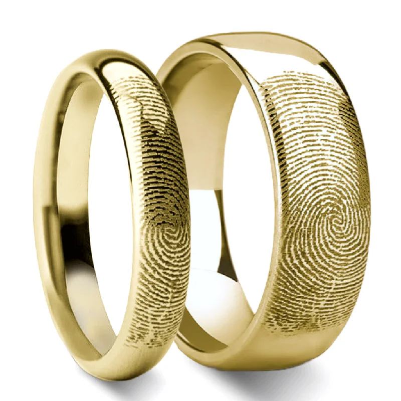 Women’s ring sets-Custom Fingerprint Engraved Gold Tungsten Couple's Matching Ring Set