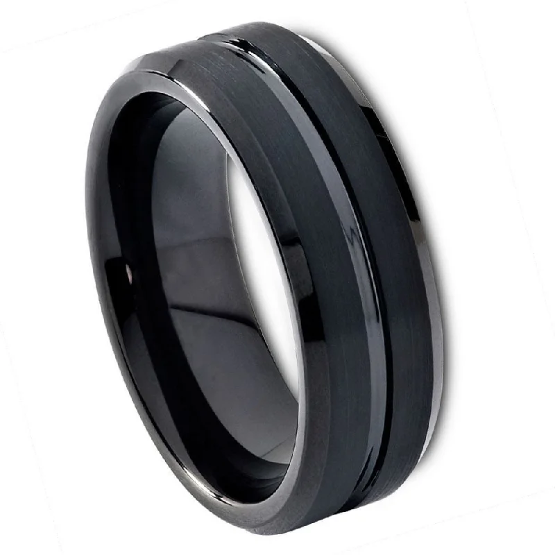 Women’s rings with colored diamonds-Grooved Black Tungsten Men's Wedding Band