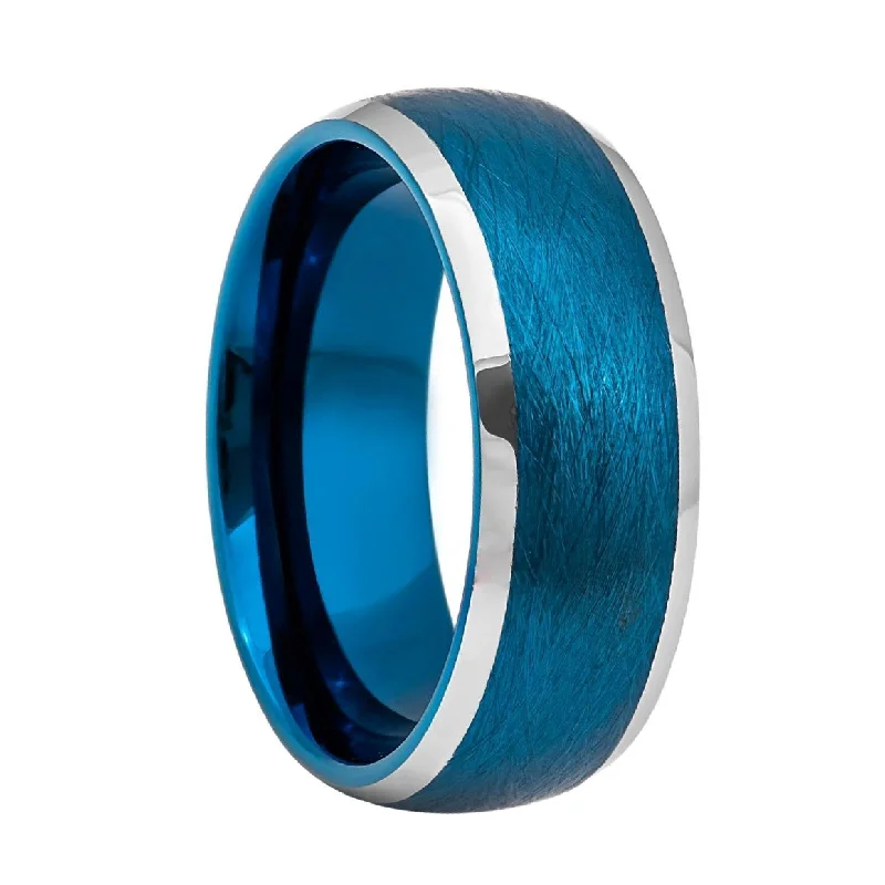 Statement rings for women-Wire Brushed Blue Tungsten Men's Wedding Band