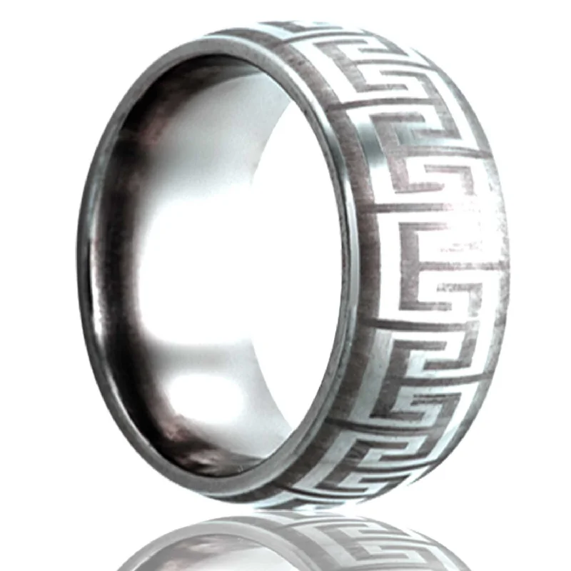 Trendy rings for women-Greek Key Domed Tungsten Wedding