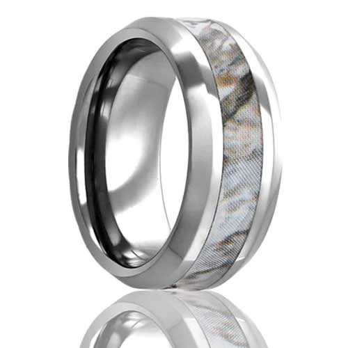 Women’s rings with emerald stones-Light Camo Inlay Tungsten Men's Wedding Band with Beveled Edges