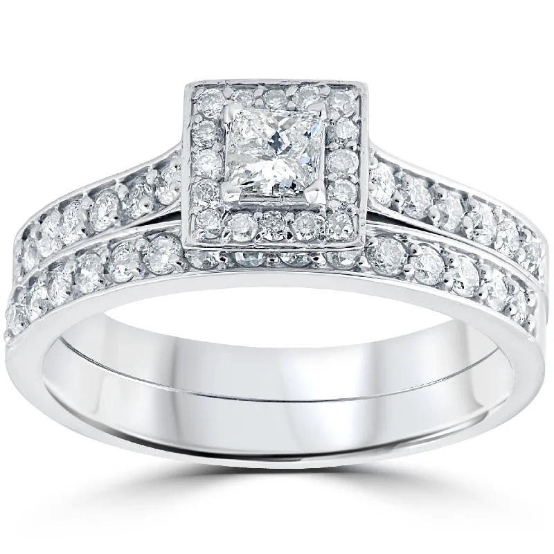 Engagement rings with unique diamond shapes-3/4 cttw Princess Cut Diamond Halo Engagement Wedding Ring Set 10K White Gold