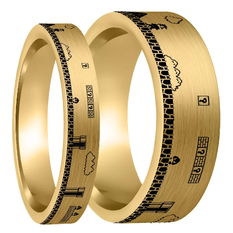 Women’s princess-cut rings-Super Mario Bros Brushed Gold Tungsten Couple's Matching Wedding Band Set