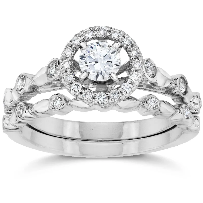 Women’s engagement rings with diamond clusters-1/2CT Halo Diamond Engagement Wedding Ring Set 14K White Gold