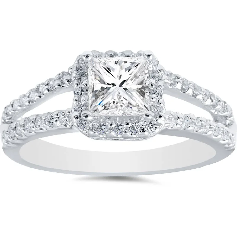 Women’s art deco engagement rings-1ct Halo Split Shank Princess Cut Vintage Diamond Engagement Ring 14K White Gold