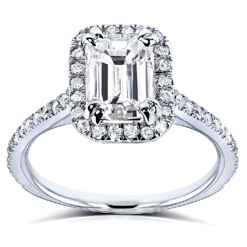 Engagement rings with cathedral settings-Annello by Kobelli 14k White Gold 1 1/4ct TDW Emerald Cut Diamond Halo Engagement Ring