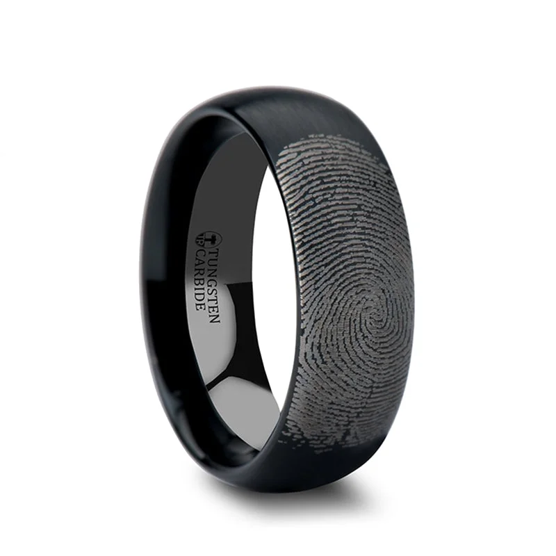 Women’s rings with rubies-Custom Fingerprint Engraved Brushed Black Tungsten Domed Men's Ring