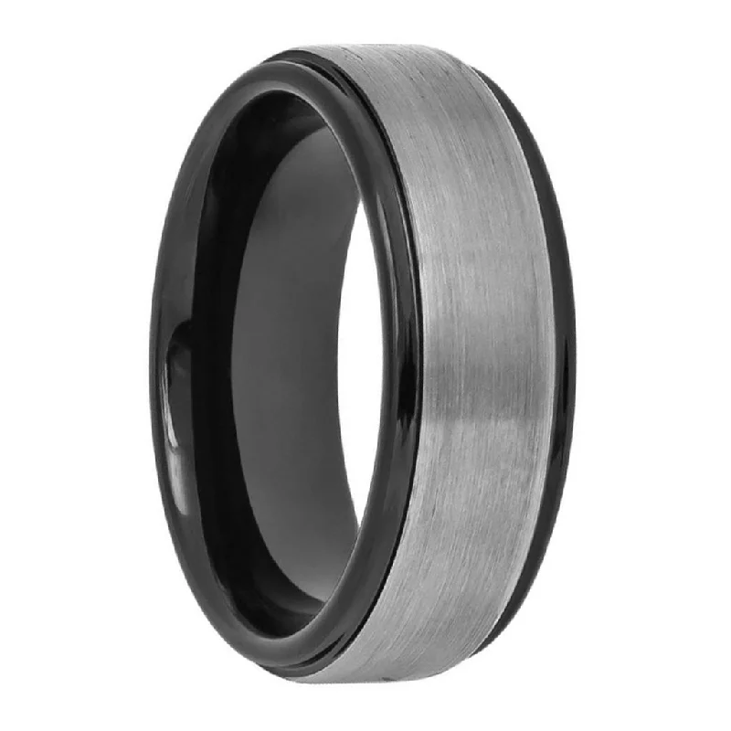 Women’s fashion rings with rhinestones-Brushed Tungsten Men's Wedding Band with Black Stepped Edges & Interior