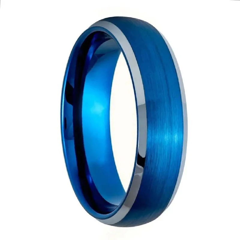 Women’s classic diamond rings-Brushed Blue Tungsten Wedding Band with Contrasting Silver Edges