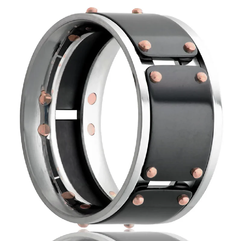 Personalized rings for women-Zirconium & Cobalt Men's Wedding Band with 14k Rose Gold Rivets