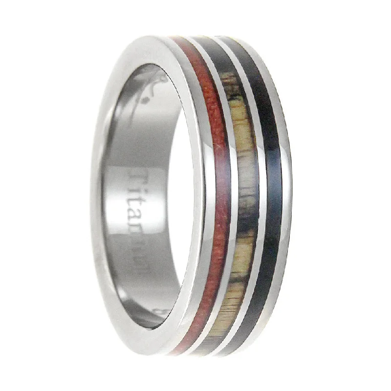 Women’s rings with sapphire gemstones-Ebony, Cocobolo & Pink Ivory Wood Inlaid Men's Titanium Wedding Band