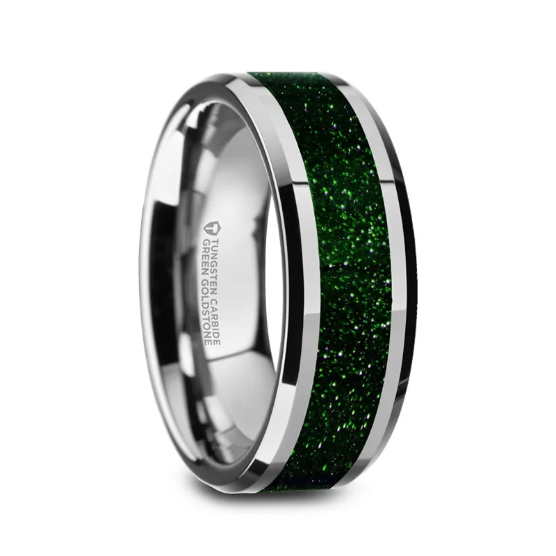 Women’s princess-cut rings-Tungsten Men's Wedding Band with Green Goldstone Inlay