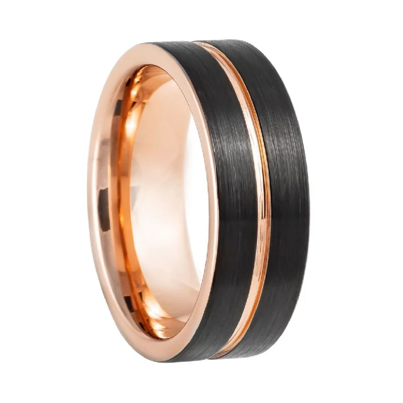 Personalized rings for women-Black Tungsten Men's Wedding Band with Rose Gold Groove and Contrasting Interior