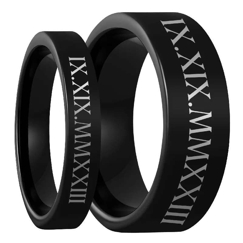 Women’s rings with intricate stone settings-Roman Numeral Date Black Tungsten Couple's Matching Wedding Band Set