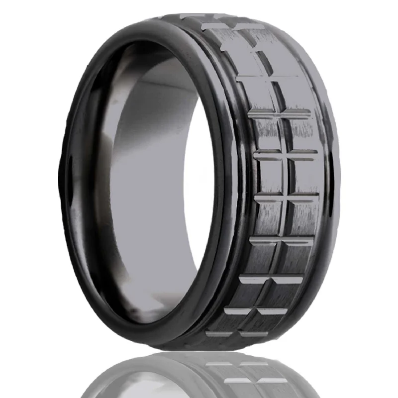 Trendy fashion rings for women-Grooved Check Pattern Satin Finish Grooved Zirconium Men's Wedding Band