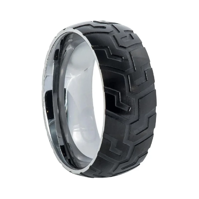 Classic gold rings for women-Black Tire Tread Tungsten Men's Wedding Band