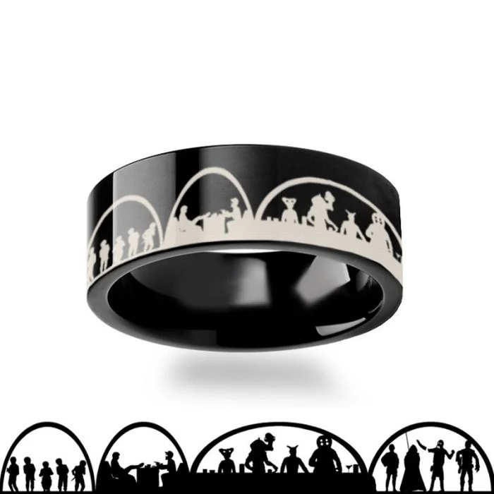 Platinum rings for women-Star Wars Han Solo Cantina Scene Black Tungsten Wedding Band