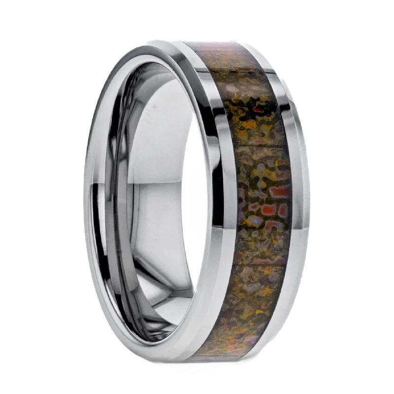 Silver rings with diamond accents-Tungsten Wedding Band with Dinosaur Bone Inlay