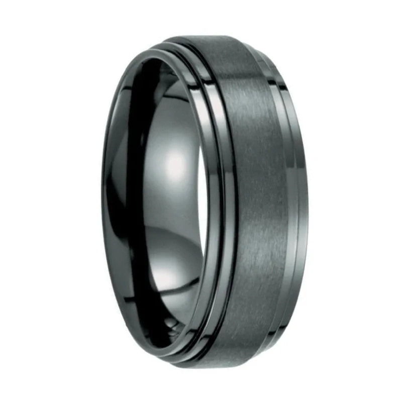 Large gemstone rings for women-Stair Steps Black Titanium Men's Wedding Band