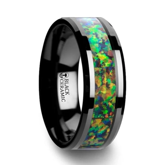 Trendy rings for women-Black Ceramic Wedding Band with Blue & Orange Opal Inlay