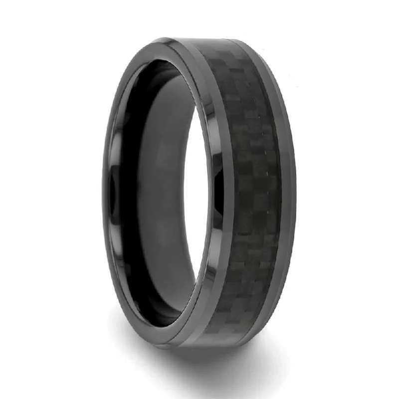 Women’s rings with aquamarine stones-Black Ceramic Men's Wedding Band with Black Carbon Fiber Inlay