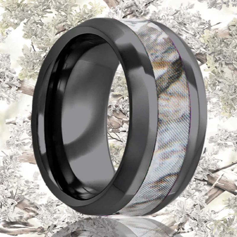 Women’s ring sets-Light Camo Inlay Black Ceramic Men's Wedding Band with Beveled Edges