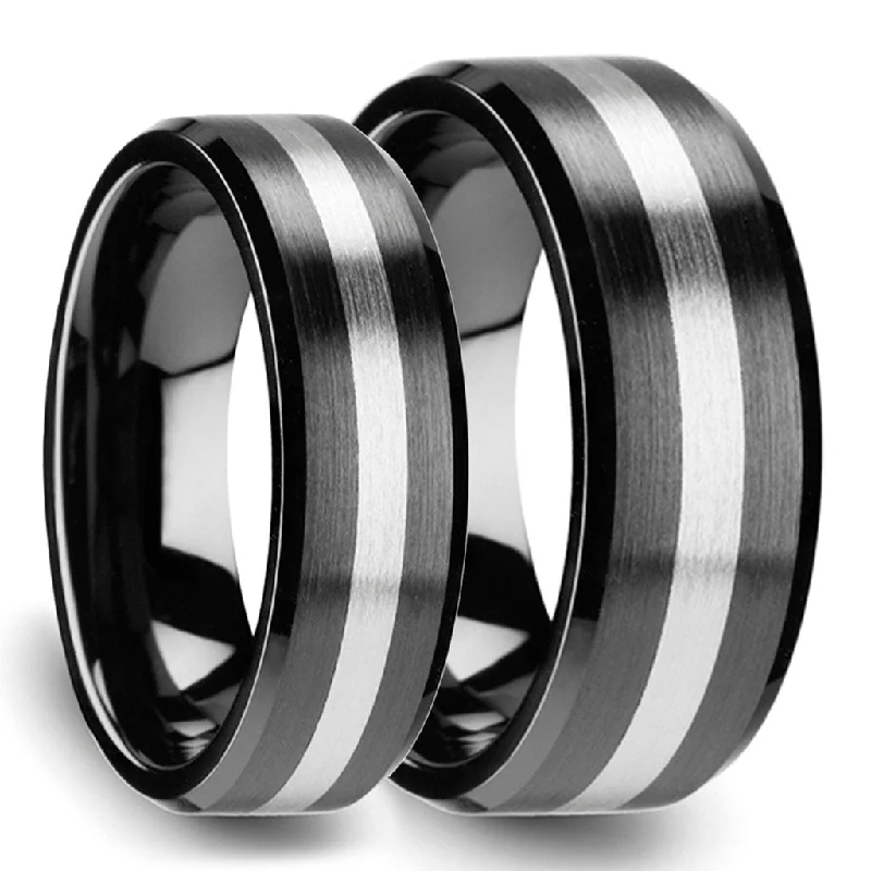 Women’s vintage rings-Brushed Tungsten Inlay Black Ceramic Couple's Matching Wedding Band Set