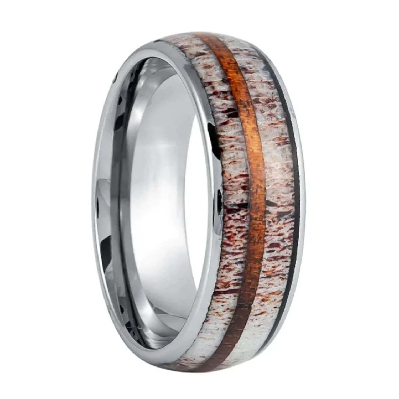 Large gemstone rings for women-Antler & Wood Inlaid Tungsten Men's Wedding Band