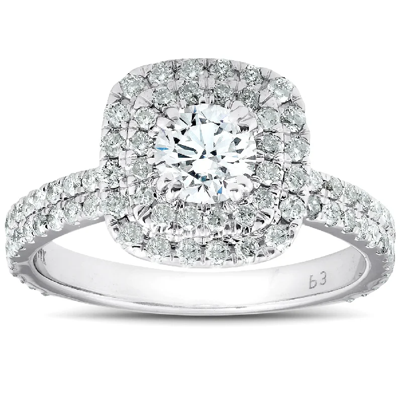 Women’s engagement rings with diamond accents and halo-1 1/3 Ct Cushion Halo Diamond Pave Engagement Ring 14k White Gold