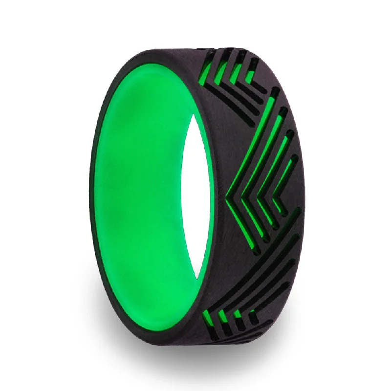 Trendy silver rings for women-Green Glow in the Dark Zirconium Men's Wedding Band with Geometric Mountain Cutouts