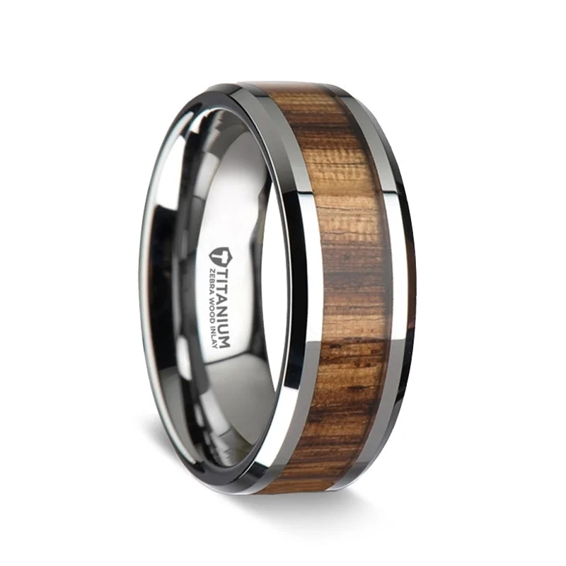 Rose gold rings for women-Titanium Wedding Band with Zebra Wood Inlay