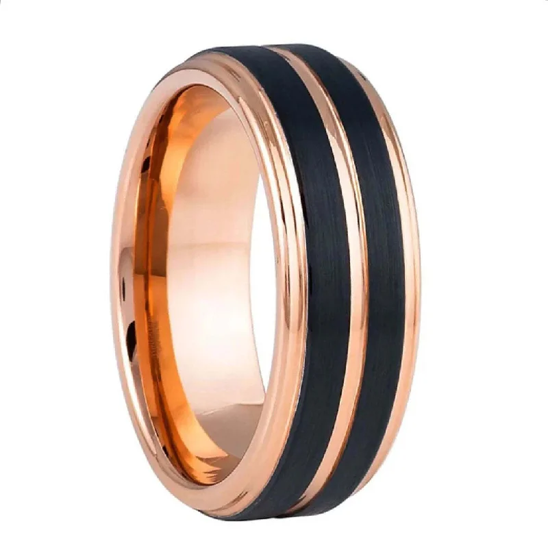 Women’s rings with emerald-cut diamonds-Dual Black Grooves Rose Gold Tungsten Men's Wedding Band