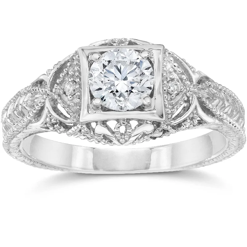 Women’s minimalistic engagement rings-Emery 5/8Ct Vintage Diamond Antique Engagement 14K White Gold