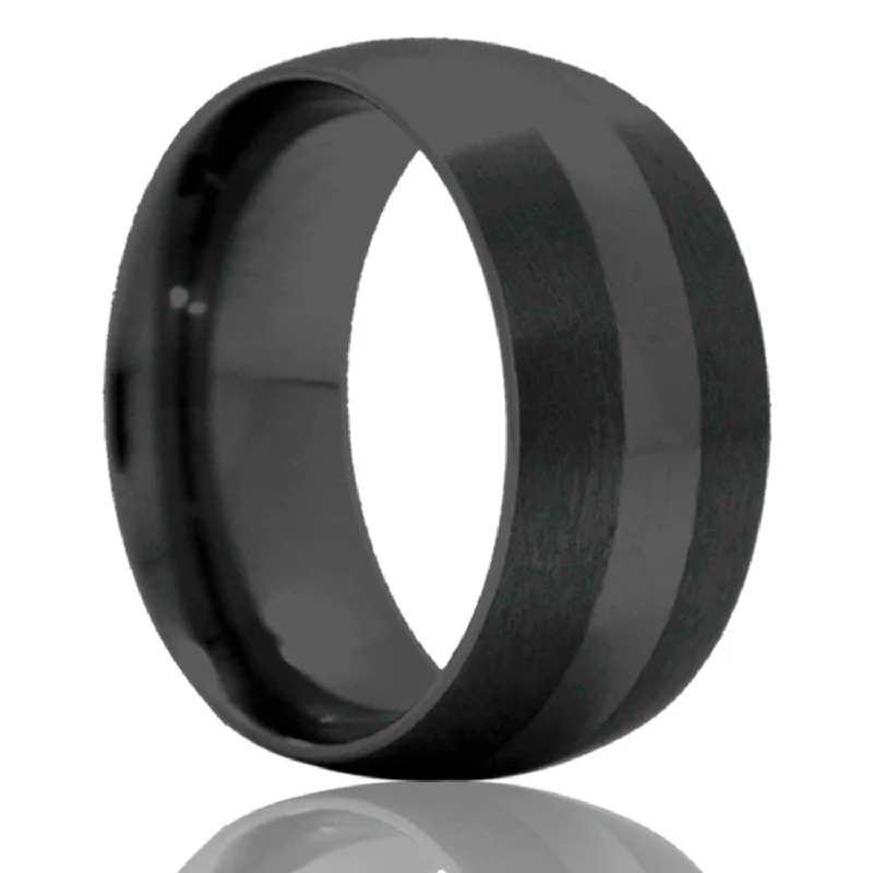 Unique birthstone rings for women-Domed Black Ceramic Wedding Band with Satin Finish Stripe